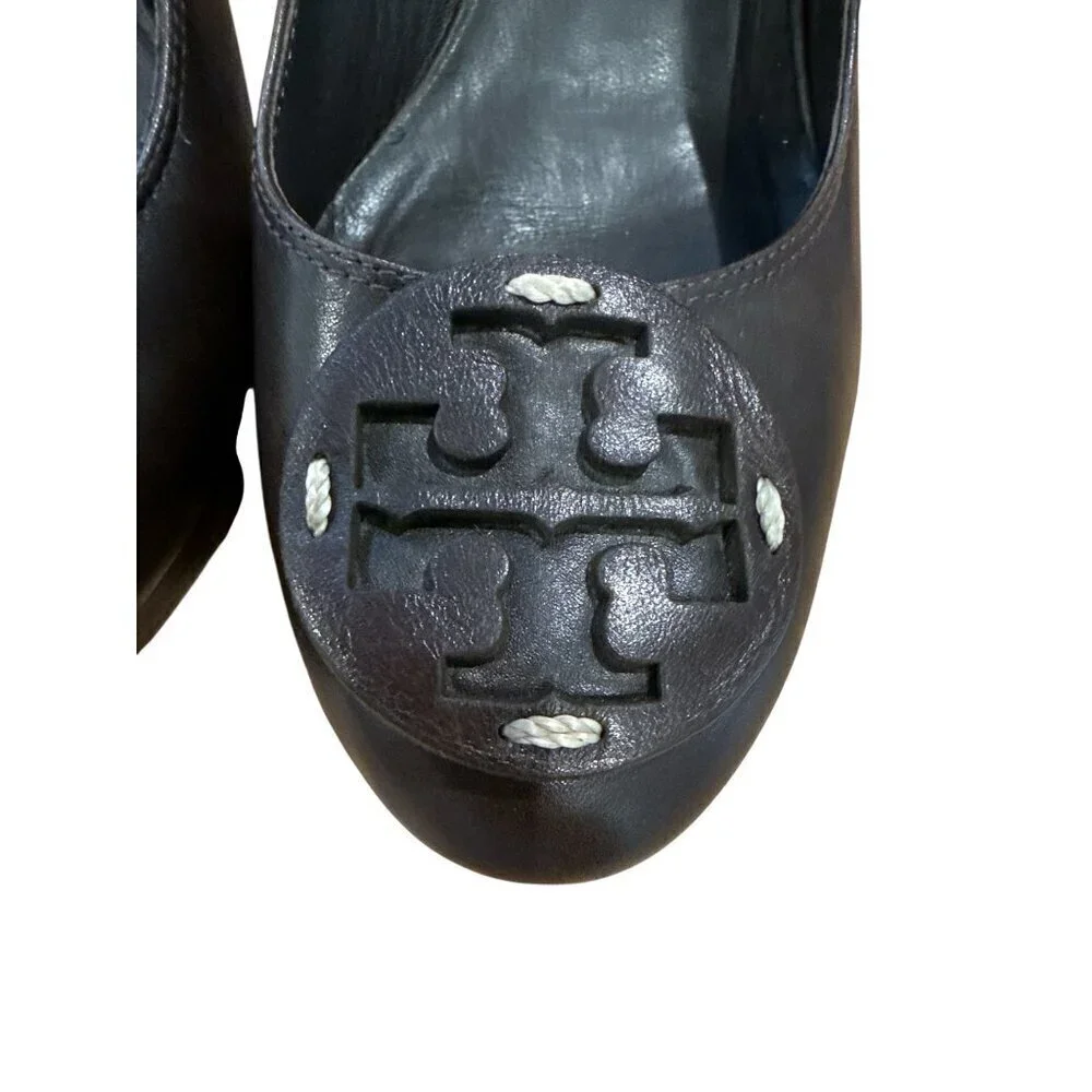 Tory Burch Betty Leather Dark Brown Logo Pumps Stacked Heels Shoes Size 8M EUC